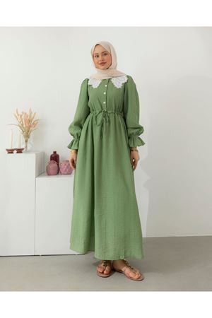 Dantel Yaka Elbise -Yeşil