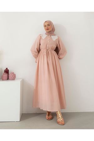 Dantel Yaka Elbise-Pudra