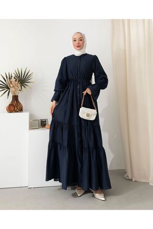 Boydan Düğmeli  Çıldır fistan  Elbise-Lacivert