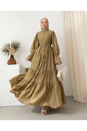 Boydan Düğmeli Çıldır fistan  Elbise-Yağyeşili