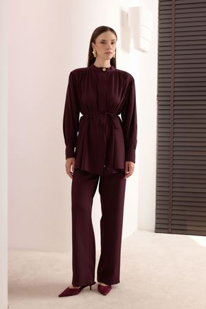 Jayla Omuz Kol Büzgülü Takım -Bordo