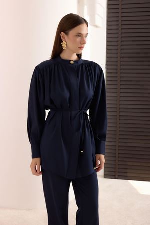  Jayla Omuz Kol Büzgülü Takım - Lacivert 