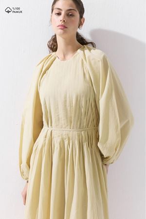 Nervürlü Pamuk Vual Butter  Elbise-Sarı