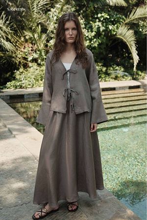 %100 Keten Beli Lastikli Etek-Gri