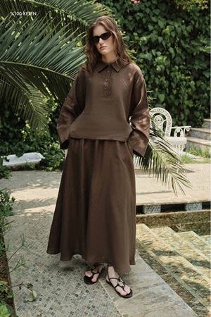 %100 Keten Beli Lastikli etek Kahve