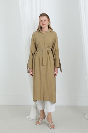 Kadın Kuşaklı Düğmeli Oversize Tunik-Haki