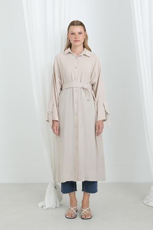 Kadın Kuşaklı Düğmeli Oversize Tunik-Taş