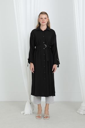 Kadın Kuşaklı Düğmeli Oversize Tunik-Siyah