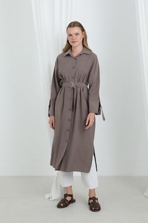 Kadın Kuşaklı Düğmeli Oversize Tunik -Kahverengi