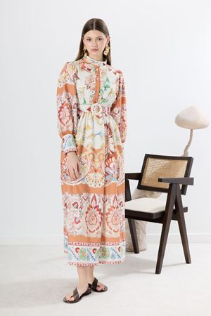 Odella Pat Fırfırlı Desenli Elbise - Tarçın