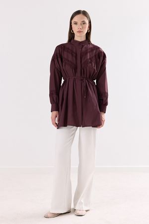 Isis Önü Çapraz Dantelli Gömlek - Bordo