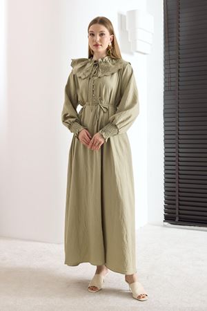 Glenn Yaka Nakışlı Pamuklu Elbise -Fıstıkyeşili