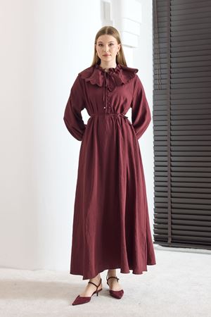 Glenn Yaka Nakışlı Pamuklu Elbise -Bordo