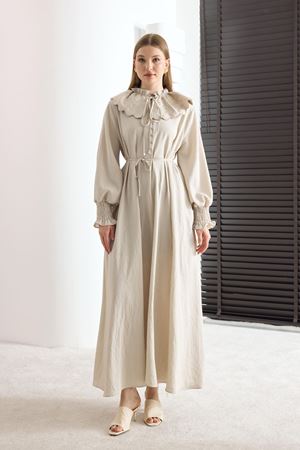 Glenn Yaka Nakışlı Pamuklu Elbise - Taş