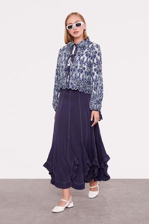 Lacivert Bağcıklı Çiçek Desen Etek Takım-Lacivert