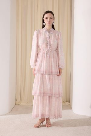 Plorvis Katkat Desenli Şifon Elbise - Pembe