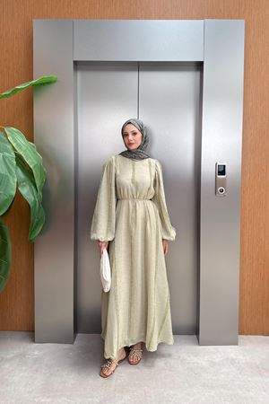 Peluş Şeritli Keten Elbise - yeşil