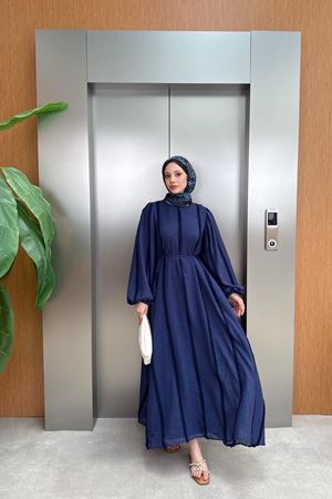 Peluş Şeritli Keten Elbise - Lacivert