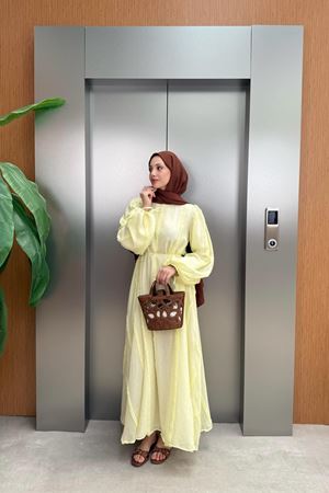 Peluş Şeritli Keten Elbise - Sarı