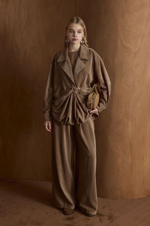 Musleya Önü Pileli Kadife Takım-Camel