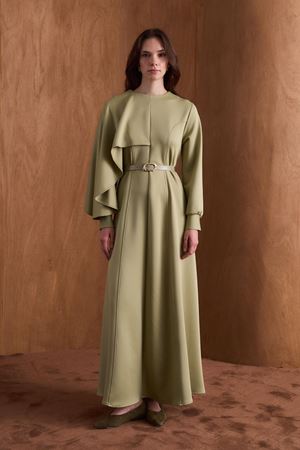  Amelie Omuzdan Şallı Scuba Elbise-Çağla