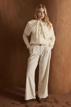 Örgü Desenli Düğmeli Triko Hırka-Ekru