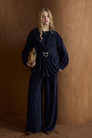 Musleya Önü Pileli Kadife Takım - Lacivert