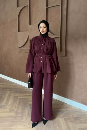 Pileli Pantolonlu Takım - Bordo
