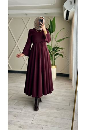 Belden Oturma Detaylı  Elbise-Bordo