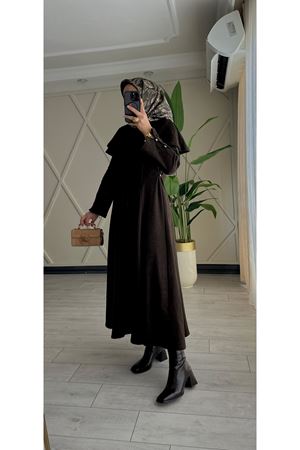  Selanik Parça Detay Elbise-Kahve