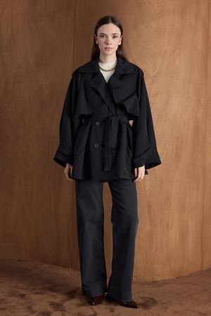  Apoletli Kısa Trençkot--Siyah