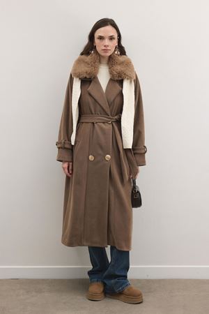 Luna Yaka Kürklü Uzun Kaşe Kaban - Kahve