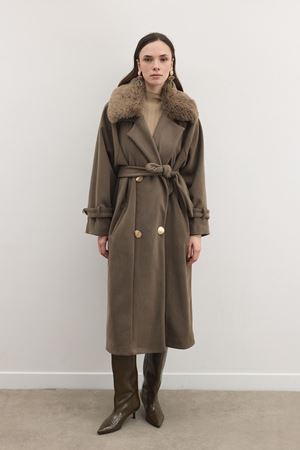 Luna Yaka Kürklü Uzun Kaşe Kaban-Haki