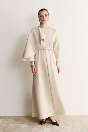 Amelie Omuzdan Şallı Scuba Elbise-Taş