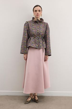 Velin Fırfır Yaka Desenli Jakar Ceket-Fıstıkyeşil