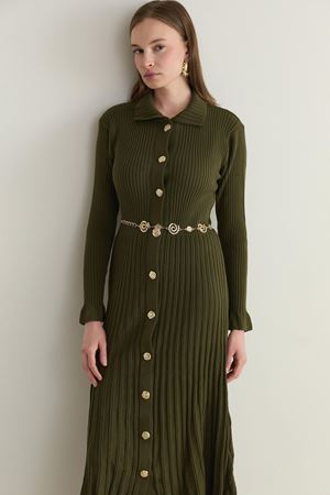  Nellie Gold Düğmeli Kemerli Triko Elbise-Haki