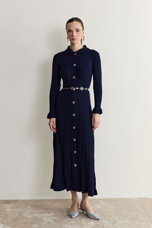  Nellie Gold Düğmeli Kemerli Triko Elbise-lacivert