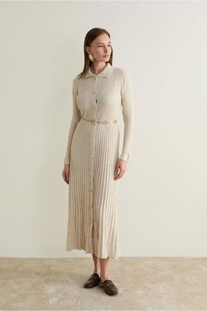 Nellie Gold Düğmeli Kemerli Triko Elbise-Ekru
