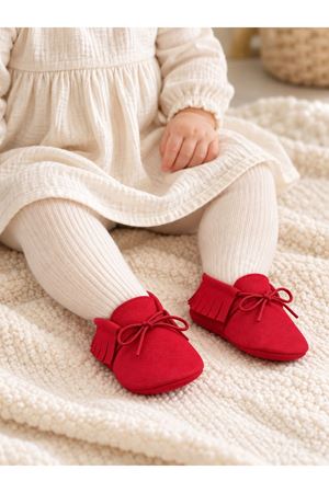 Baby Tuğra El Yapımı Bağcıklı Makosen Patik Bebek Ayakkabı - Kırmızı