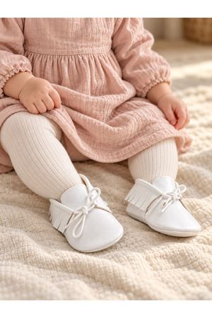 Baby Tuğra el yapımı Bağcıklı Makosen Patik Bebek Ayakkabı - Beyaz