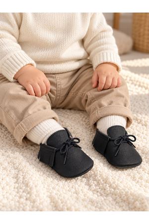 Baby Tuğra El Yapımı  Bağcıklı Makosen Patik Bebek Ayakkabı - Siyah