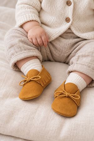Baby Tuğra El Yapımı  Bağcıklı Makosen Patik Bebek Ayakkabı - Hardal