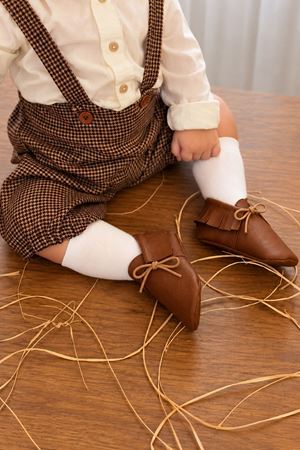 Baby Tuğra El Yapımı Bağcıklı Makosen Patik Bebek Ayakkabı - Kahve