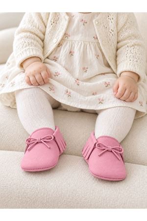 Baby Tuğra Elyapımı Bağcıklı Nubuk Makosen Patik Bebek Ayakkabı-Pembe