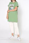 Kadın Baskılı Uzun T-Shirt - Fıstık Yeşili