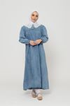Kadın Yaka Dantelli Kot Elbise - Açık Mavi