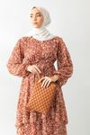 Kadın Çiçek Desenli Belden Bağcıklı  Şifon Elbise-Kiremit