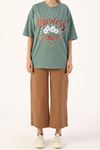 Pamuklu Baskılı Bisiklet Yaka Oversize T-Shirt-yeşil