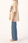 Pamuklu Baskılı Bisiklet Yaka Oversize T-Shirt-Bej
