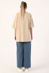 Pamuklu Baskılı Bisiklet Yaka Oversize T-Shirt-Bej
